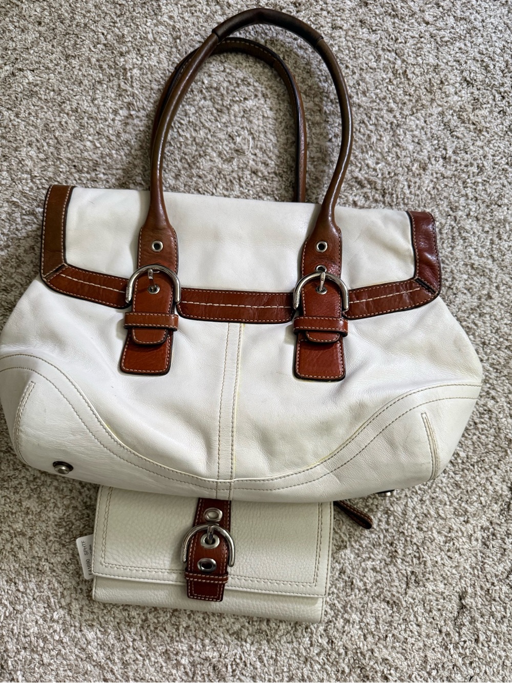 vintage Soho, Coach White and Brown Leather Tote Handbag with matching wallet